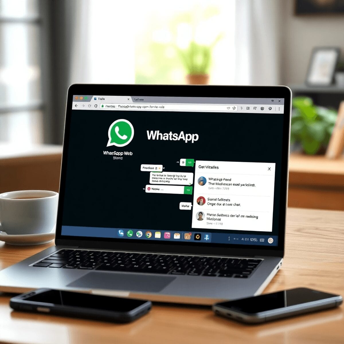 Ein moderner Laptop, der die WhatsApp Web-Oberfläche mit Chat-Bubbles zeigt, befindet sich in einem gemütlichen Homeoffice mit einer Tasse Kaffee u...