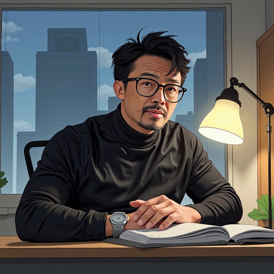Mann im Rollkragenpullover und mit Brille sitzt am Schreibtisch und arbeitet unter der Schreibtischlampe an seinem Notebook.